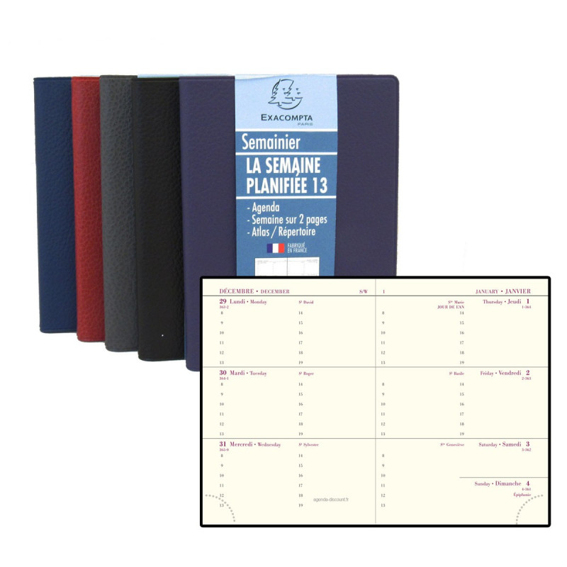 Exacompta - Agenda de poche Journal 13 Quadrillé Plastique 8,5 x 13 cm  Janvier à Décembre 2024 - Couleurs assorties