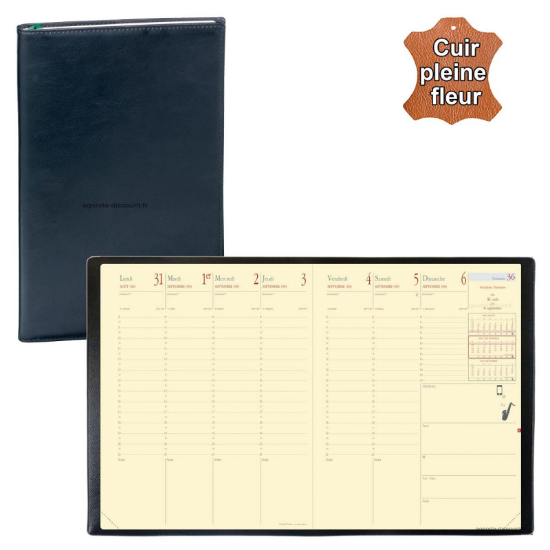 Agenda 2024 de poche QUOVADIS ITALNOTE cuir pleine fleur Montebello noir  8,8x17cm - 1 semaine sur 1 page + NOTES