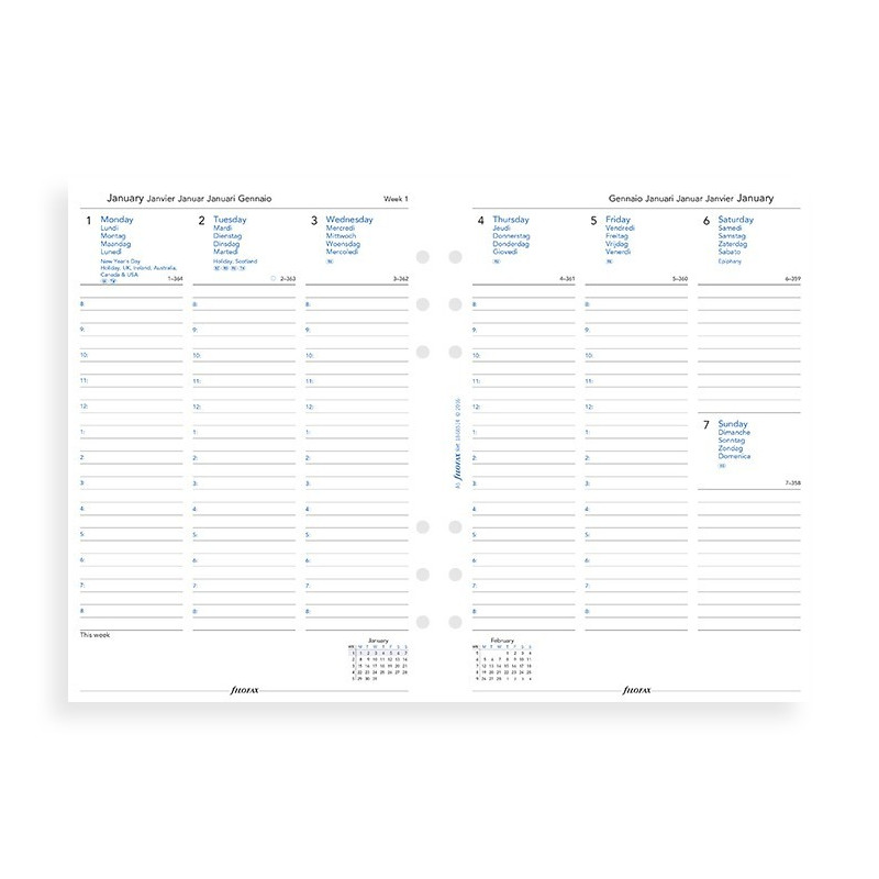 Recharge Agenda 2025 FILOFAX organiseur A5 - 1 semaine sur 2 pages MULTILANGUES - 148x210mm 