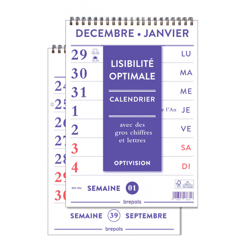 Calendrier 2025 sur plaque mural BREPOLS Optivision spécial gros